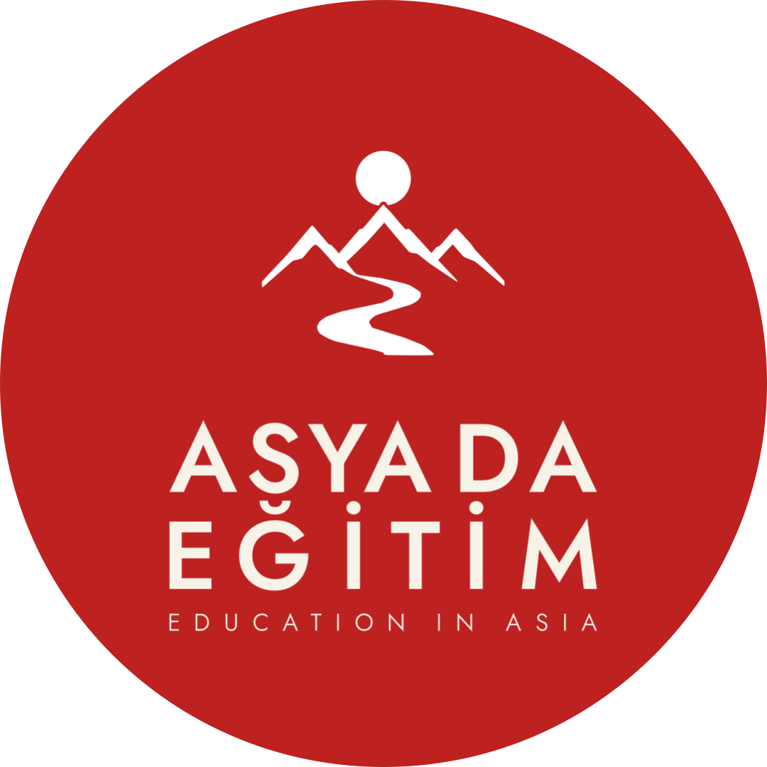 Tam kırmızı daire içinde beyaz mühür sembolü ve açık renk Asya'da Eğitim yazısı